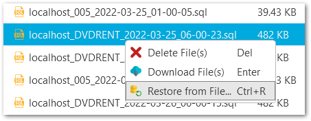 Restore database - backup storages popup menu